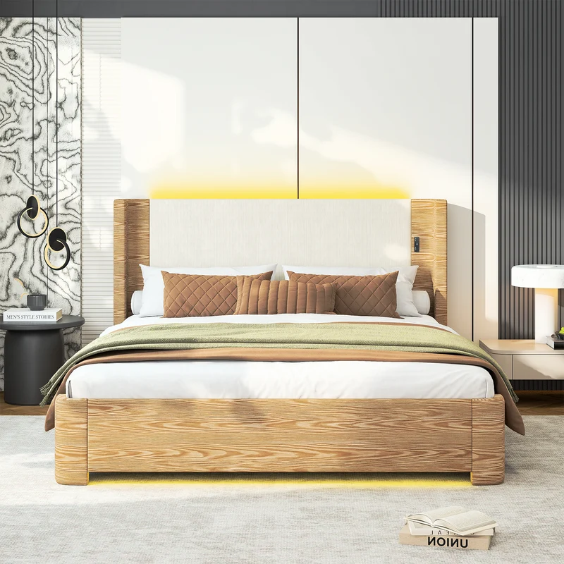 Lit coffre king size velours beige avec éclairage LED MINIMALISTDESK