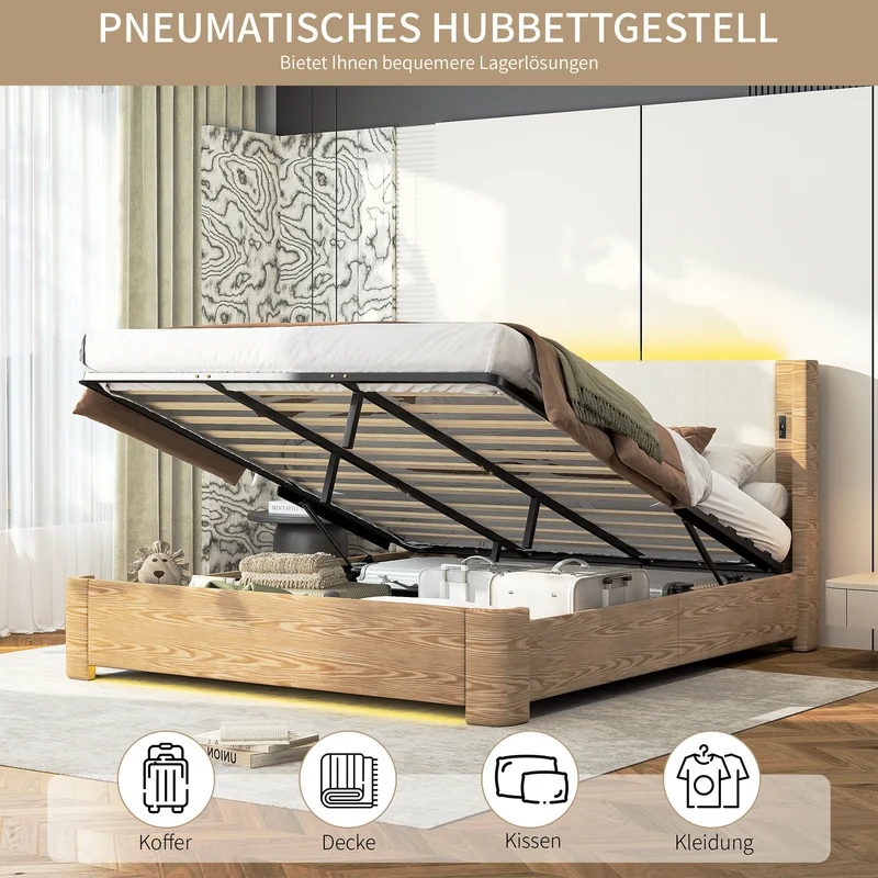 Lit coffre king size velours beige avec éclairage LED MINIMALISTDESK