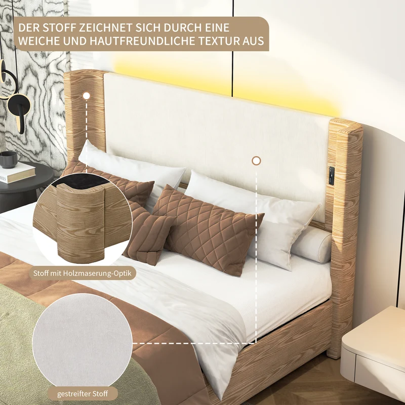 Lit coffre king size velours beige avec éclairage LED MINIMALISTDESK
