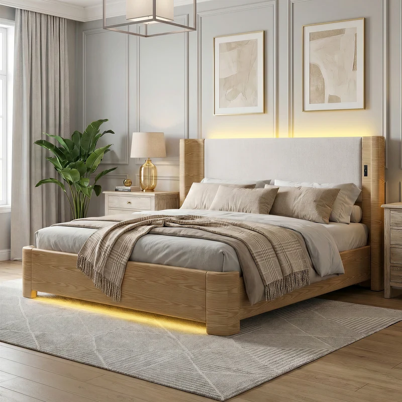 Lit coffre king size velours beige avec éclairage LED MINIMALISTDESK