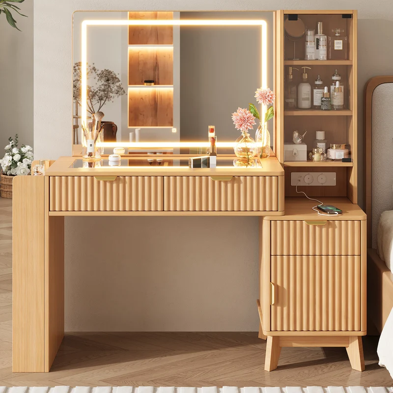 Coiffeuse effet bois naturel avec miroir LED, prises USB/Type-C, rangement moderne 133x136x40cm MODERNMAX