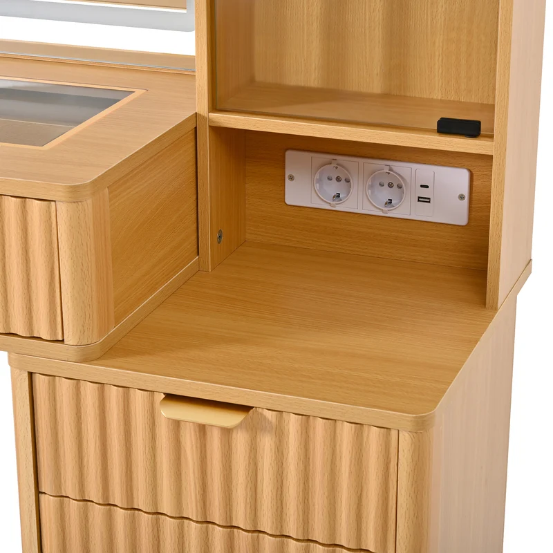 Coiffeuse effet bois naturel avec miroir LED, prises USB/Type-C, rangement moderne 133x136x40cm MODERNMAX
