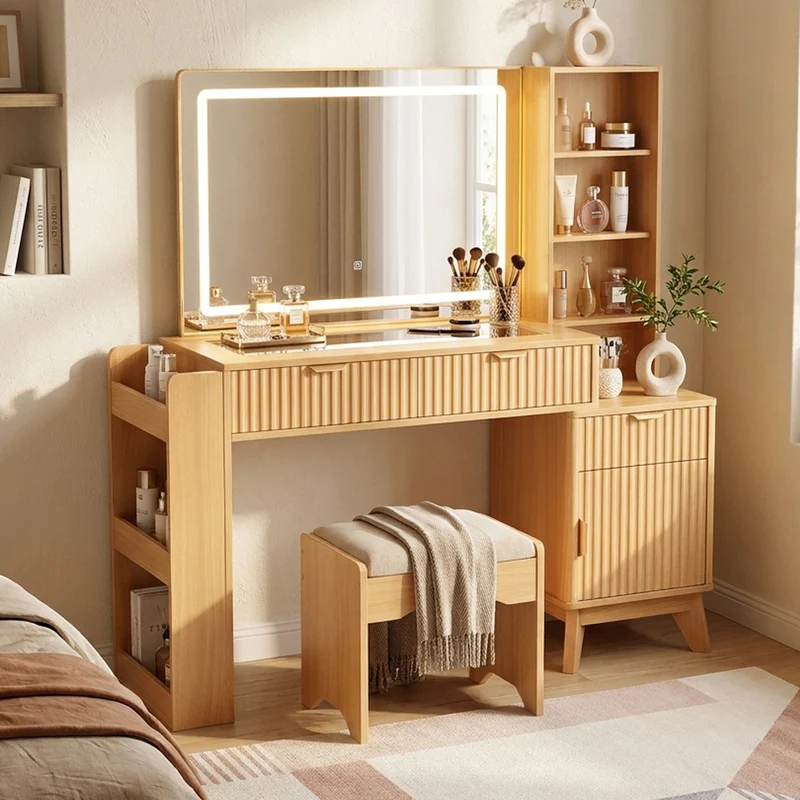 Coiffeuse effet bois naturel avec miroir LED, prises USB/Type-C, rangement moderne 133x136x40cm MODERNMAX