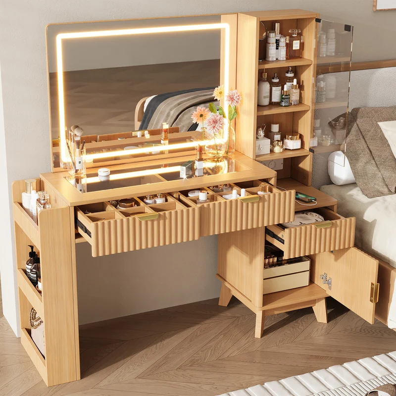 Coiffeuse effet bois naturel avec miroir LED, prises USB/Type-C, rangement moderne 133x136x40cm MODERNMAX