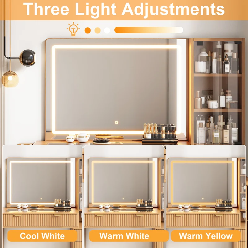 Coiffeuse effet bois naturel avec miroir LED, prises USB/Type-C, rangement moderne 133x136x40cm MODERNMAX