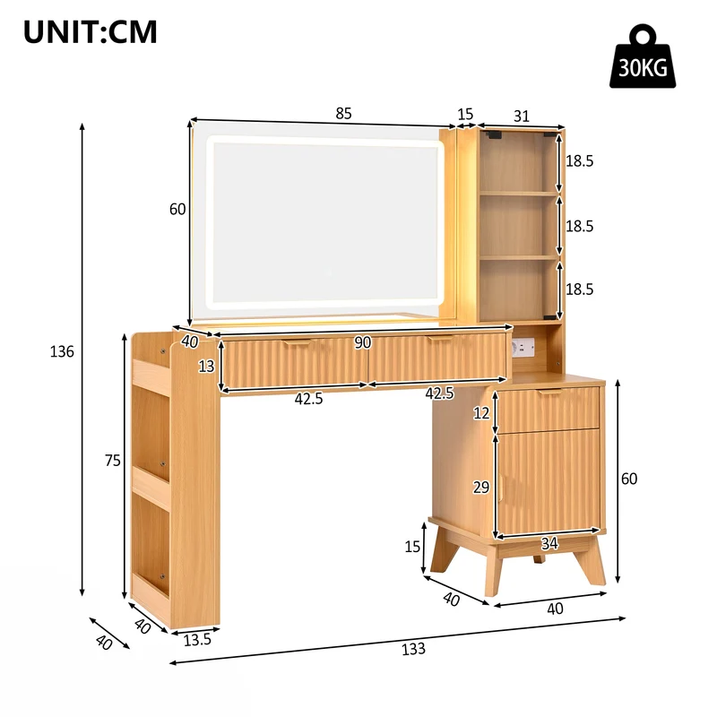 Coiffeuse effet bois naturel avec miroir LED, prises USB/Type-C, rangement moderne 133x136x40cm MODERNMAX