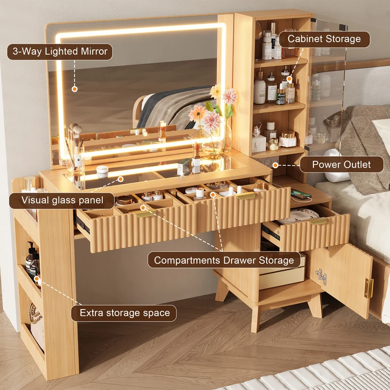 Coiffeuse effet bois naturel avec miroir LED, prises USB/Type-C, rangement moderne 133x136x40cm MODERNMAX