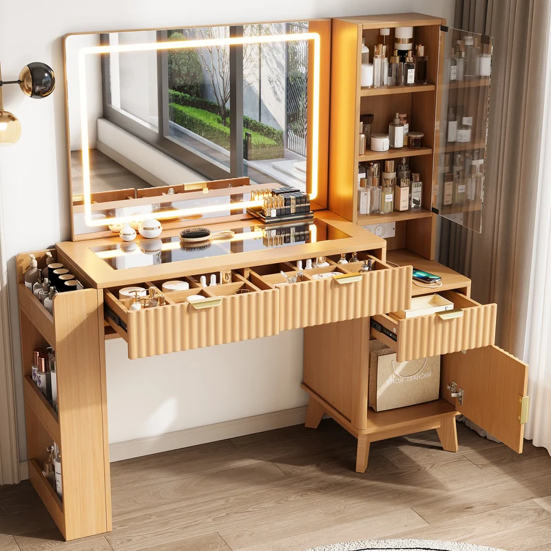 Coiffeuse effet bois naturel avec miroir LED, prises USB/Type-C, rangement moderne 133x136x40cm MODERNMAX