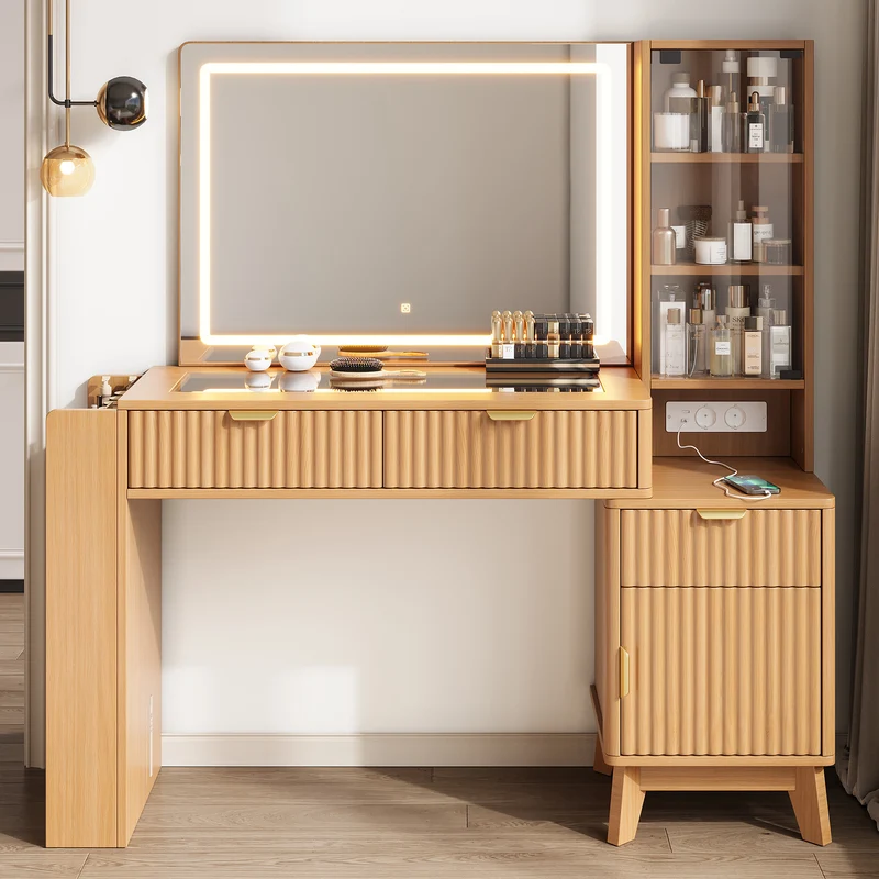 Coiffeuse effet bois naturel avec miroir LED, prises USB/Type-C, rangement moderne 133x136x40cm MODERNMAX