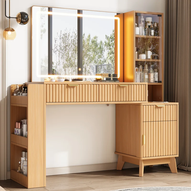Coiffeuse effet bois naturel avec miroir LED, prises USB/Type-C, rangement moderne 133x136x40cm MODERNMAX
