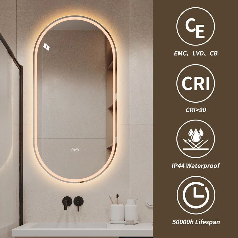 Parallelepipedous 60x120cm Miroir Ovale Sans Cadre LED, Miroir Intelligent Anti-Buée pour Salle de Bain, Argent