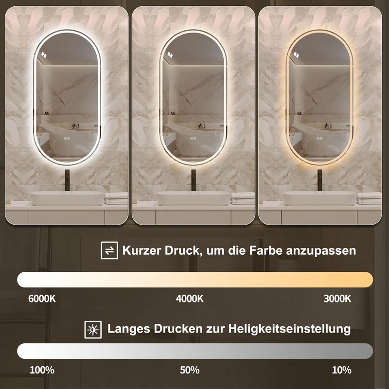 Parallelepipedous 60x120cm Miroir Ovale Sans Cadre LED, Miroir Intelligent Anti-Buée pour Salle de Bain, Argent
