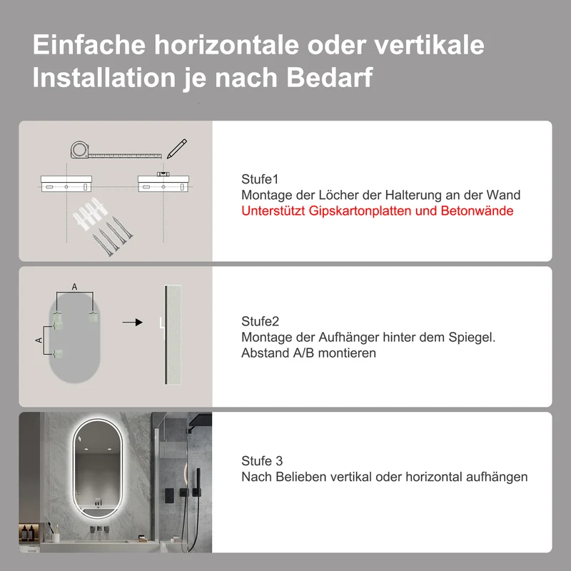 Parallelepipedous 60x120cm Miroir Ovale Sans Cadre LED, Miroir Intelligent Anti-Buée pour Salle de Bain, Argent