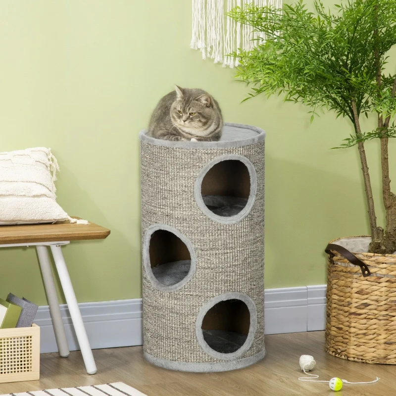 Subelementary Arbre à chat 3 niveaux 38x38x70cm gris clair – Griffoir sisal, robuste et confortable