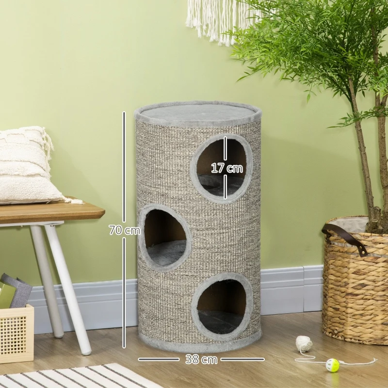 Subelementary Arbre à chat 3 niveaux 38x38x70cm gris clair – Griffoir sisal, robuste et confortable