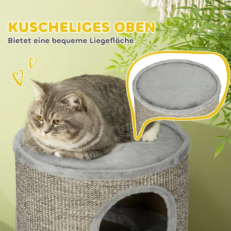 Subelementary Arbre à chat 3 niveaux 38x38x70cm gris clair – Griffoir sisal, robuste et confortable