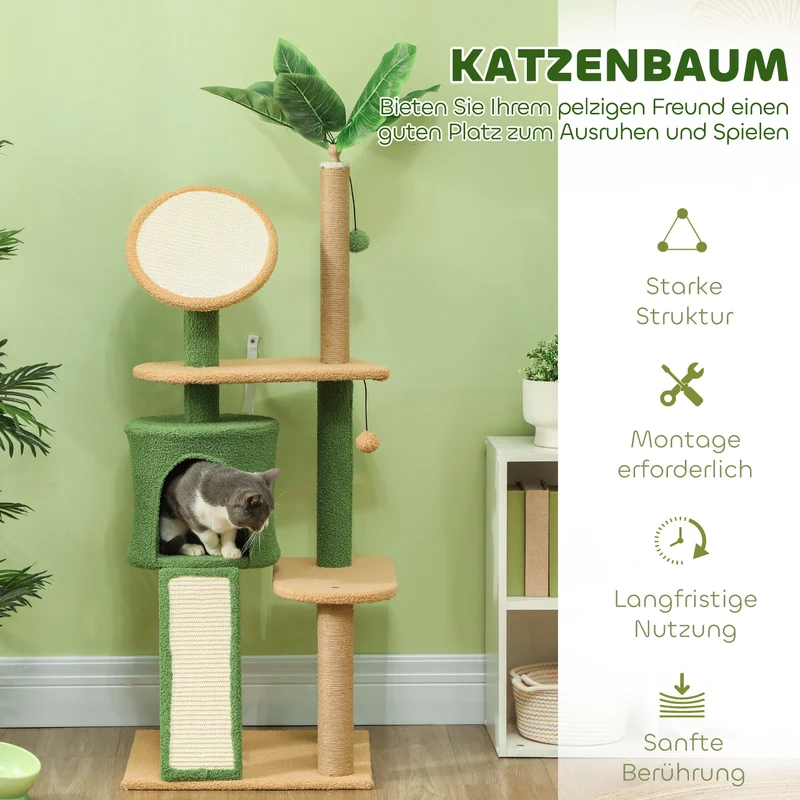 Mouching Arbre à chat 139 cm vert avec maisonnette, griffoirs sisal, pour chats jusqu'à 5 kg
