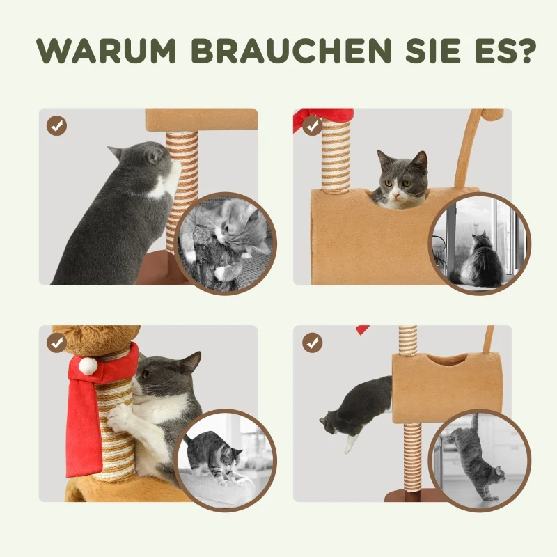 Unclify Arbre à chat 98 cm marron – Tour design cerf, griffoir, tunnel, balle, polyester