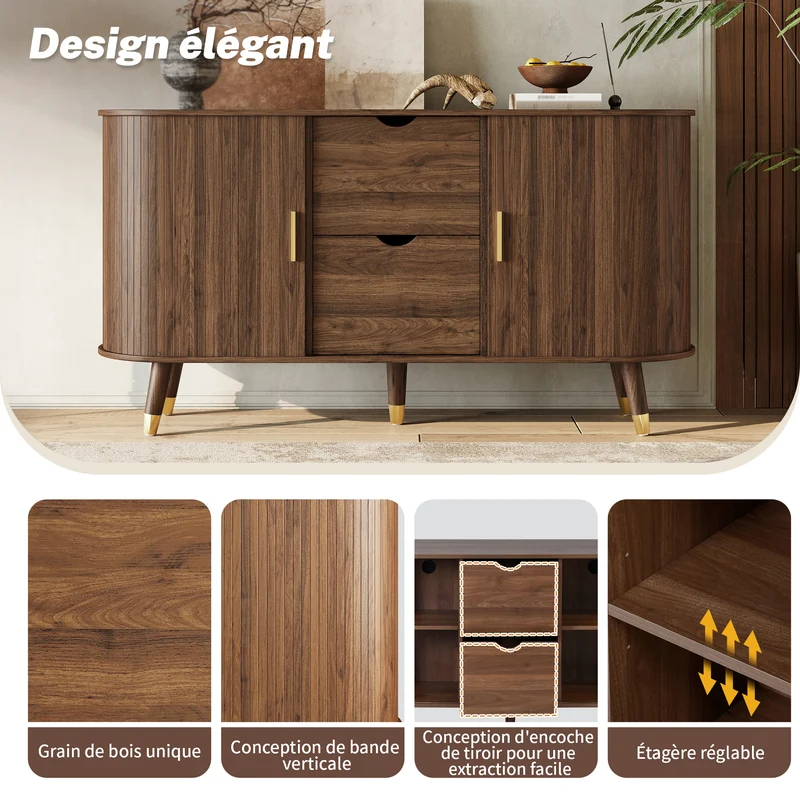 Buffet rétro vintage effet noyer 2 portes coulissantes, 2 tiroirs, pieds bois et points dorés design arrondi CASCADENYX