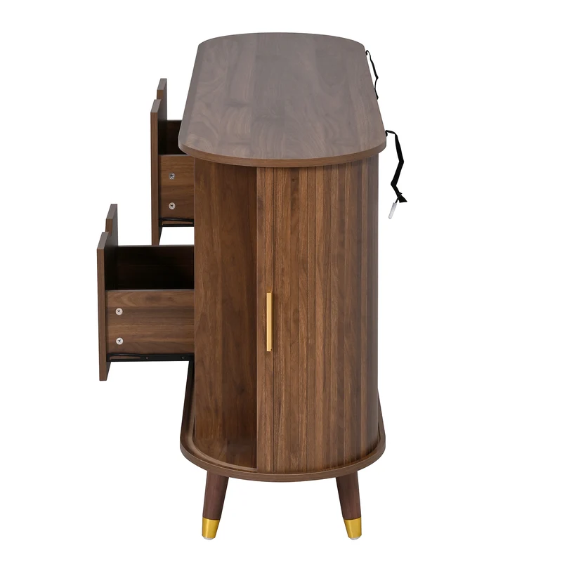 Buffet rétro vintage effet noyer 2 portes coulissantes, 2 tiroirs, pieds bois et points dorés design arrondi CASCADENYX