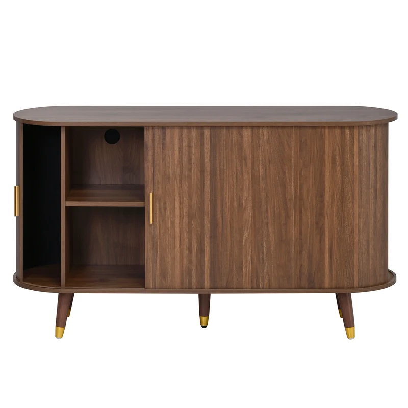 Buffet rétro vintage effet noyer 2 portes coulissantes, 2 tiroirs, pieds bois et points dorés design arrondi CASCADENYX