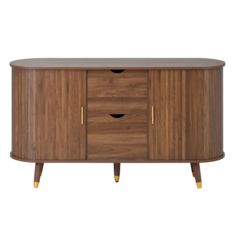 Buffet rétro vintage effet noyer 2 portes coulissantes, 2 tiroirs, pieds bois et points dorés design arrondi CASCADENYX