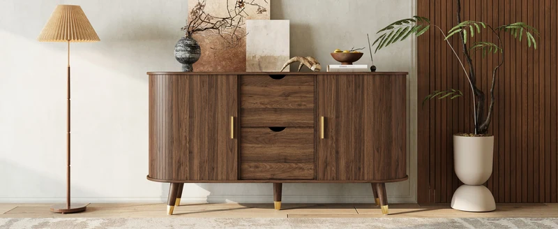 Buffet rétro vintage effet noyer 2 portes coulissantes, 2 tiroirs, pieds bois et points dorés design arrondi CASCADENYX
