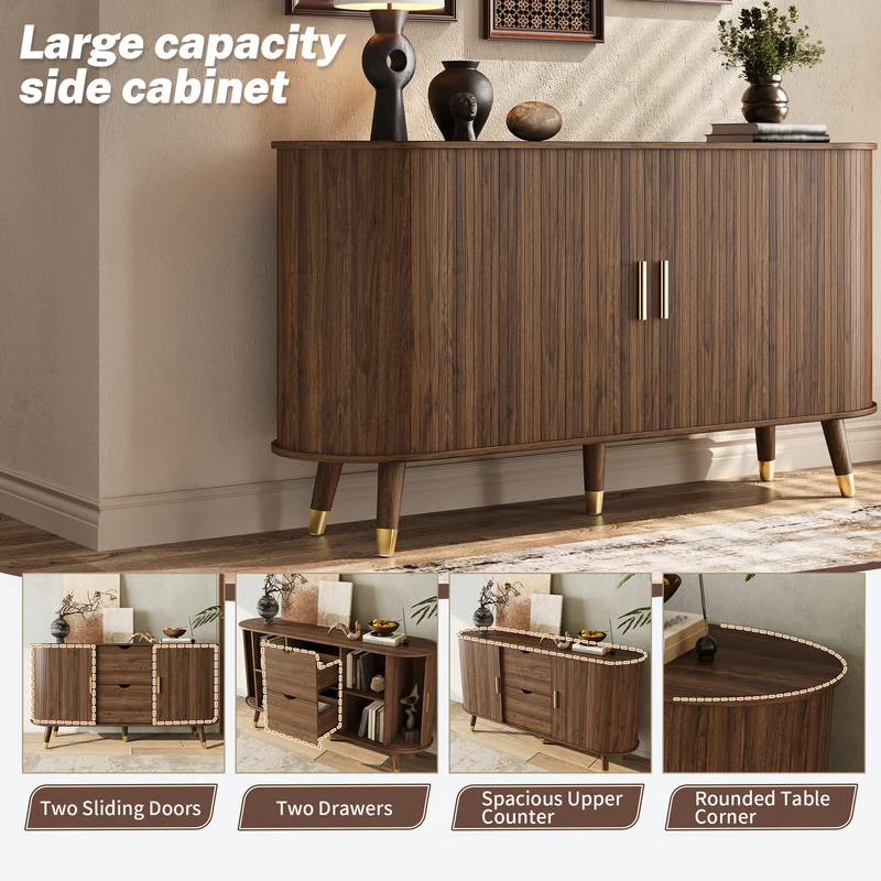 Buffet rétro vintage effet noyer 2 portes coulissantes, 2 tiroirs, pieds bois et points dorés design arrondi CASCADENYX