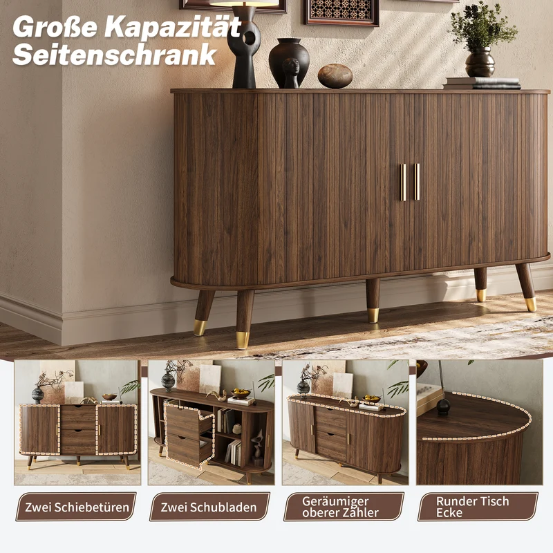 Buffet rétro vintage effet noyer 2 portes coulissantes, 2 tiroirs, pieds bois et points dorés design arrondi CASCADENYX