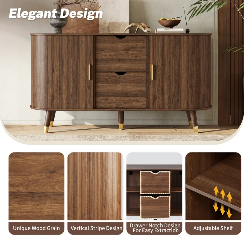 Buffet rétro vintage effet noyer 2 portes coulissantes, 2 tiroirs, pieds bois et points dorés design arrondi CASCADENYX
