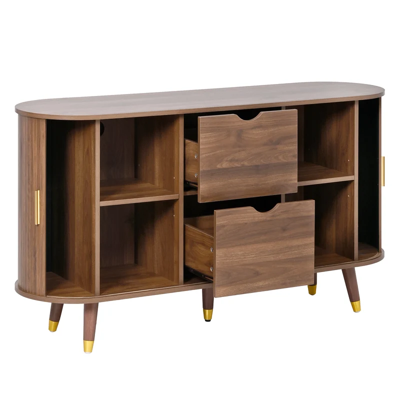 Buffet rétro vintage effet noyer 2 portes coulissantes, 2 tiroirs, pieds bois et points dorés design arrondi CASCADENYX
