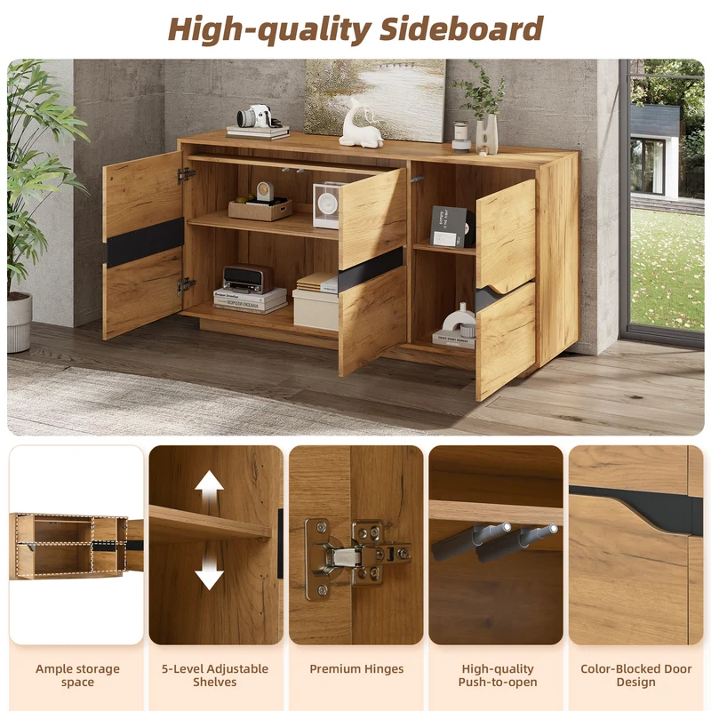 Buffet industriel effet bois et noir 3 portes 140x40x70 cm RIFTZORVAKYNOR