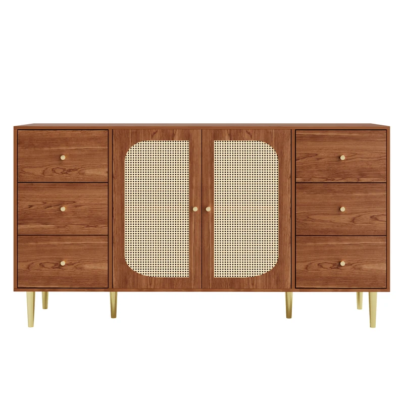 Buffet rétro effet bois 2 portes en rotin et 6 tiroirs 160x40x90 cm STARLEAF