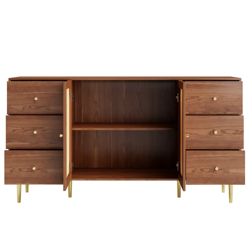 Buffet rétro effet bois 2 portes en rotin et 6 tiroirs 160x40x90 cm STARLEAF