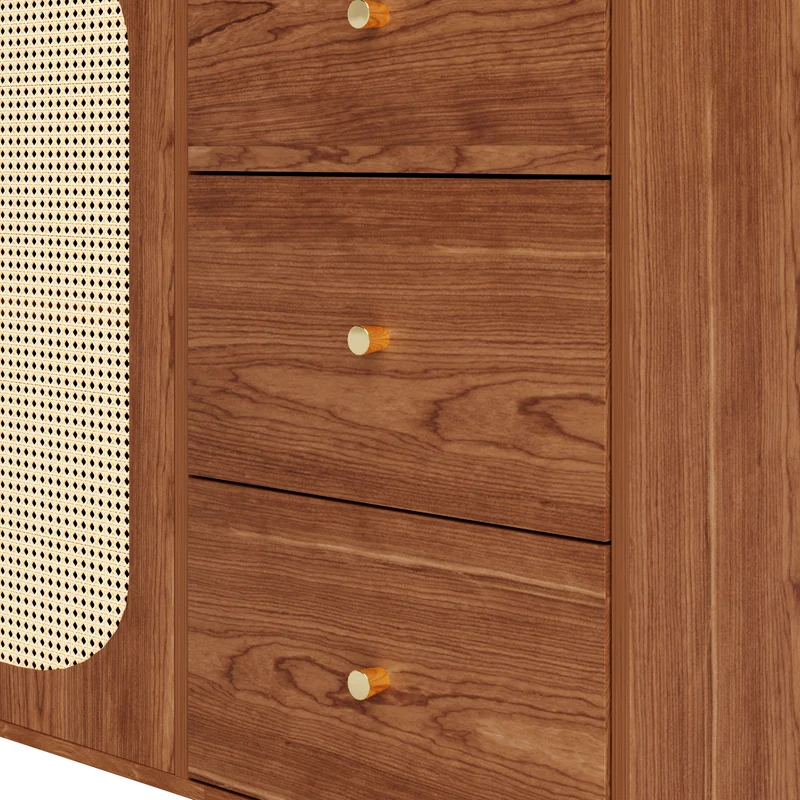 Buffet rétro effet bois 2 portes en rotin et 6 tiroirs 160x40x90 cm STARLEAF