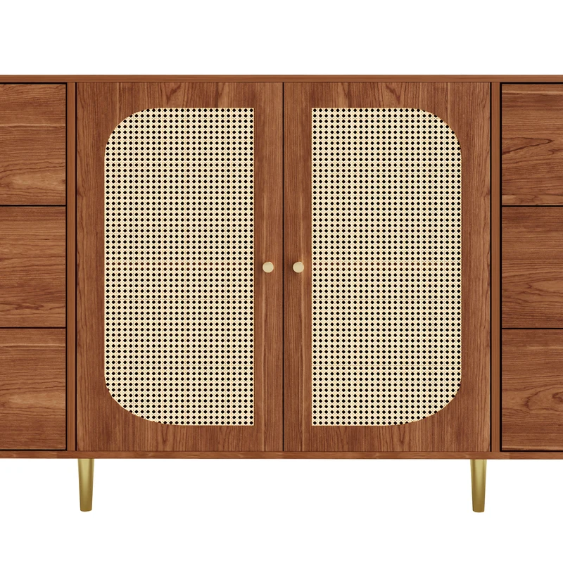 Buffet rétro effet bois 2 portes en rotin et 6 tiroirs 160x40x90 cm STARLEAF