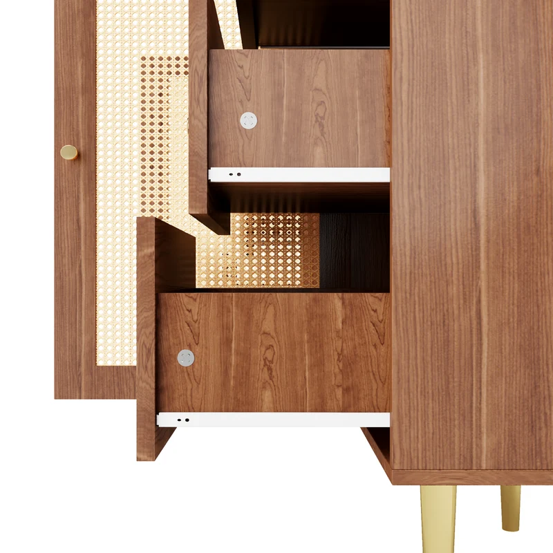 Buffet rétro effet bois 2 portes en rotin et 6 tiroirs 160x40x90 cm STARLEAF