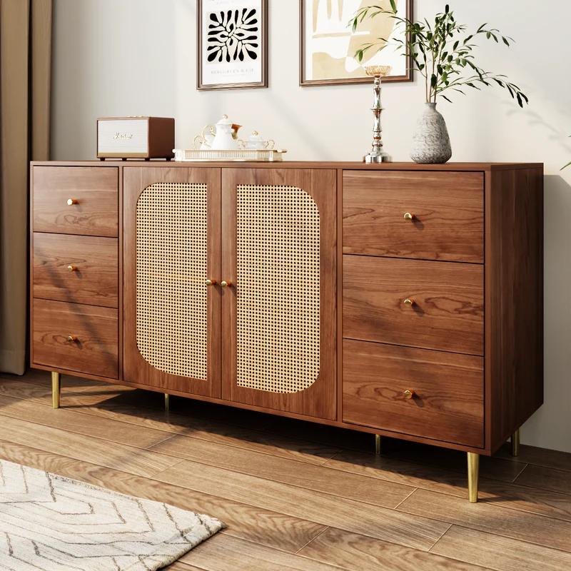 Buffet rétro effet bois 2 portes en rotin et 6 tiroirs 160x40x90 cm STARLEAF