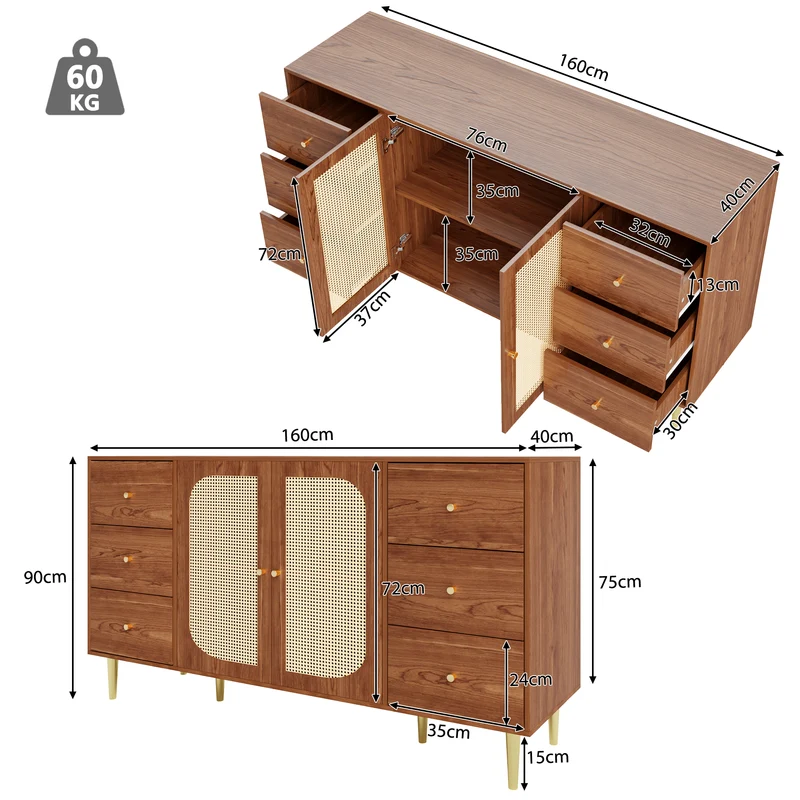 Buffet rétro effet bois 2 portes en rotin et 6 tiroirs 160x40x90 cm STARLEAF