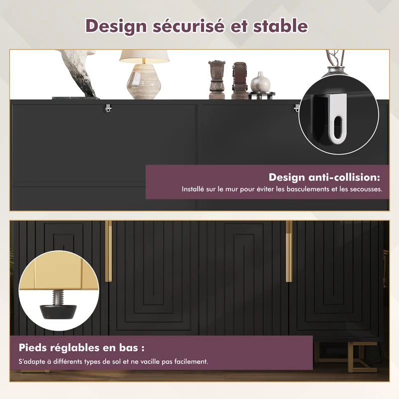 Buffet noir design géométrique détails dorés 152x40x75 cm RIFTSYLTHYN