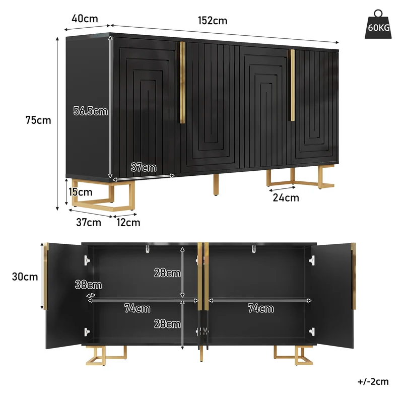 Buffet noir design géométrique détails dorés 152x40x75 cm RIFTSYLTHYN