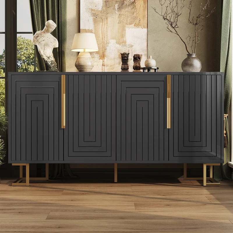 Buffet noir design géométrique détails dorés 152x40x75 cm RIFTSYLTHYN