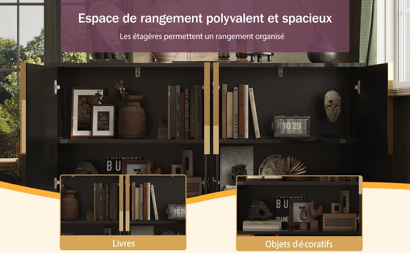 Buffet noir design géométrique détails dorés 152x40x75 cm RIFTSYLTHYN