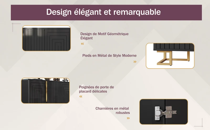 Buffet noir design géométrique détails dorés 152x40x75 cm RIFTSYLTHYN