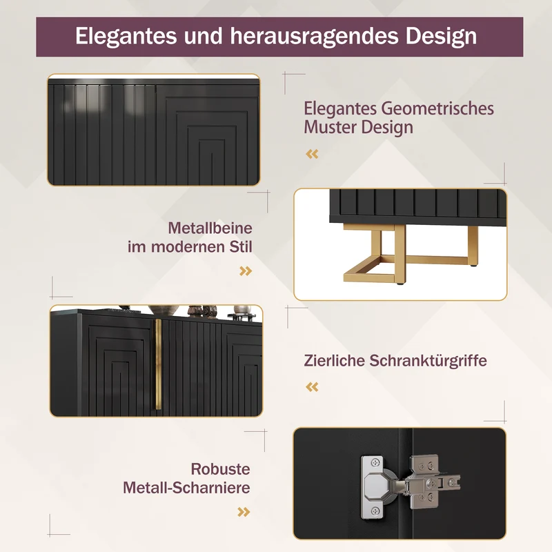 Buffet noir design géométrique détails dorés 152x40x75 cm RIFTSYLTHYN