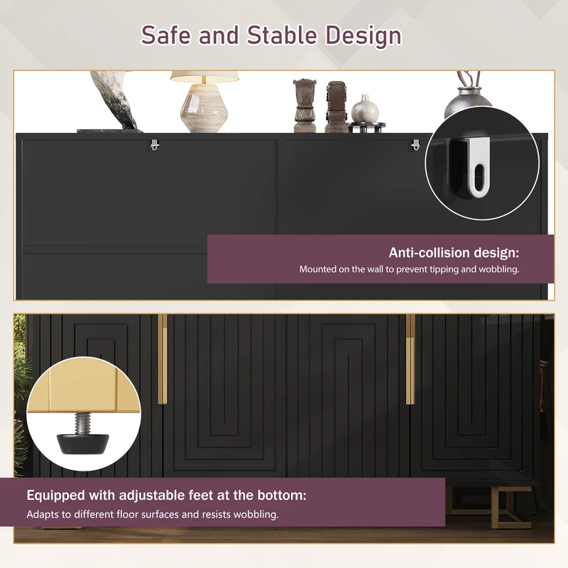 Buffet noir design géométrique détails dorés 152x40x75 cm RIFTSYLTHYN
