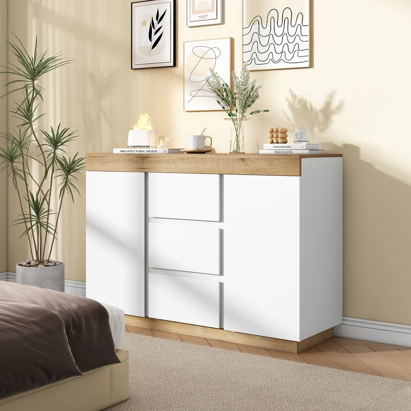Buffet blanc et effet chêne 3 tiroirs 2 portes 120,5 * 40,2 *82,5 cm CASCADEORBIT