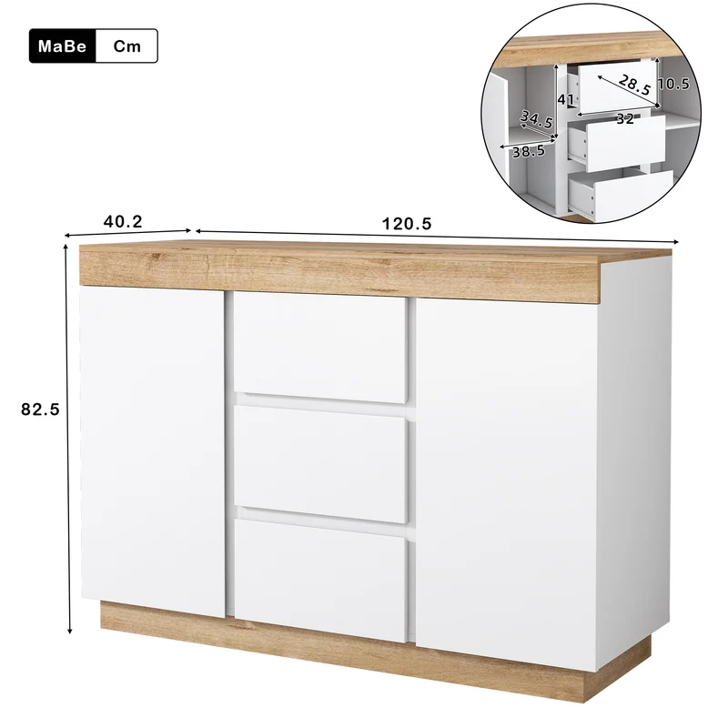 Buffet blanc et effet chêne 3 tiroirs 2 portes 120,5 * 40,2 *82,5 cm CASCADEORBIT