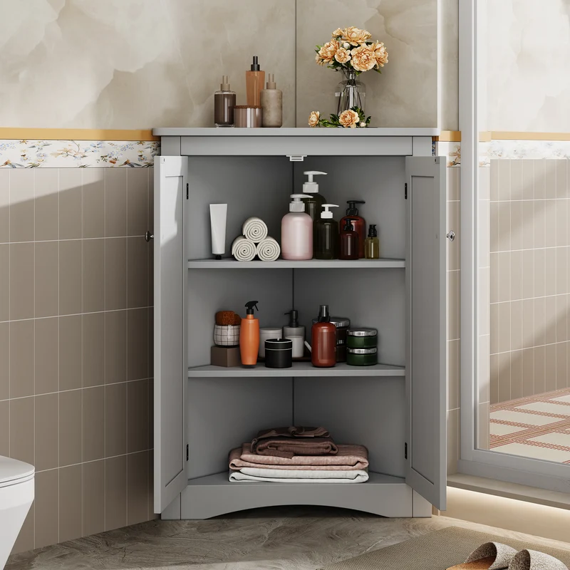Meuble d’angle gris laqué 2 portes 3 niveaux 61,5x90cm LUNAUS