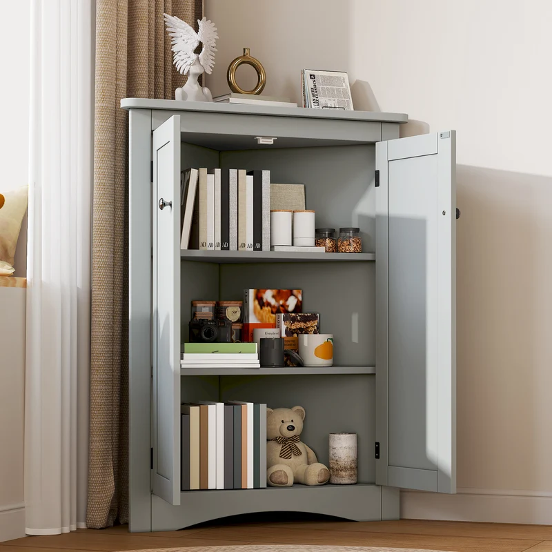 Meuble d’angle gris laqué 2 portes 3 niveaux 61,5x90cm LUNAUS